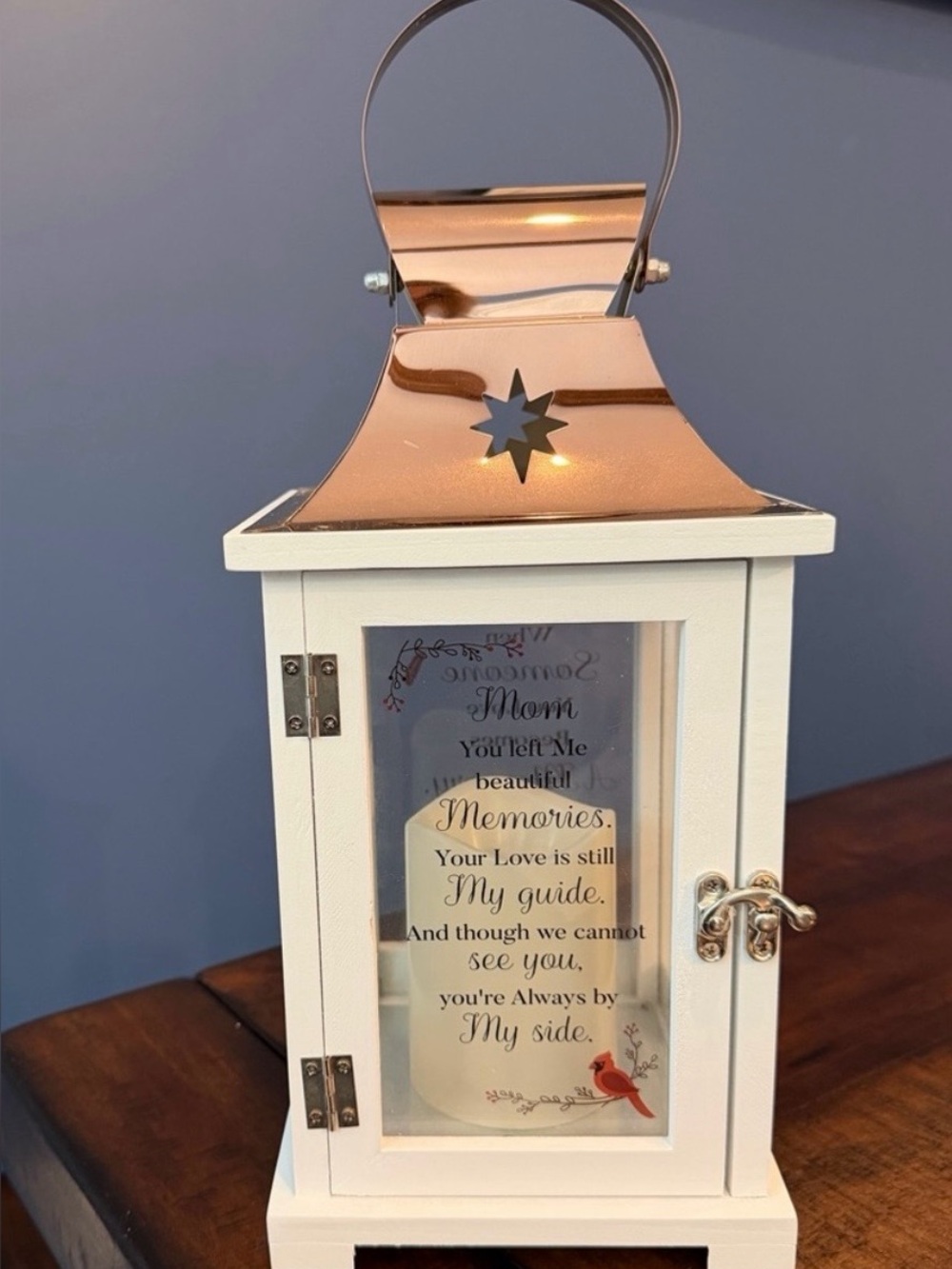 White and Copper Decorative Memorial “Mom”  Lantern - Home Accents Cardinal